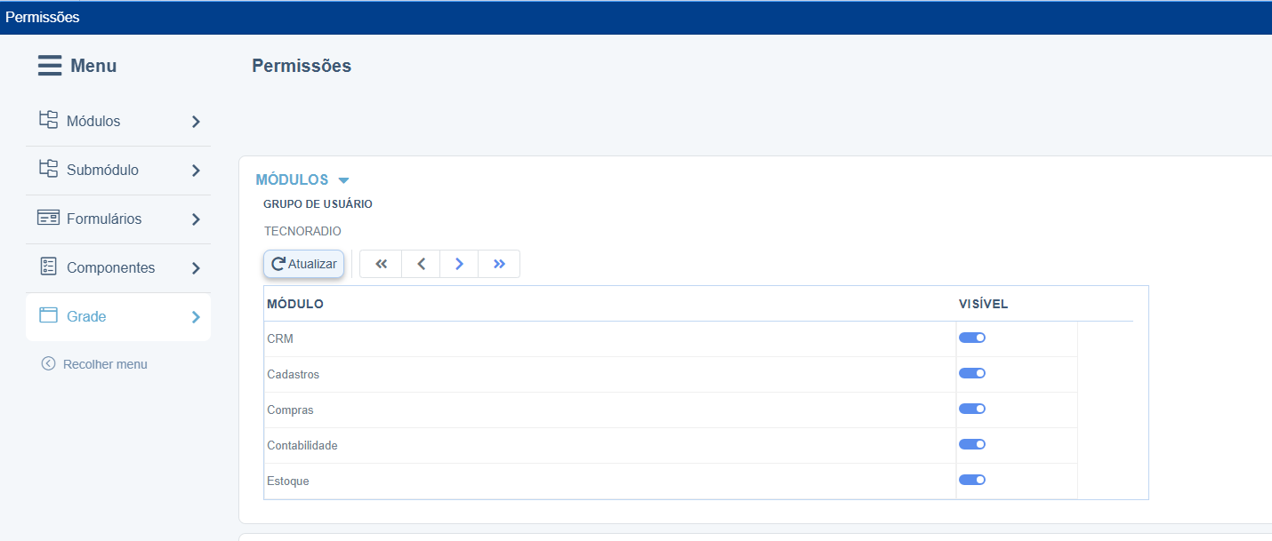 Seção Módulos com toggles Visível